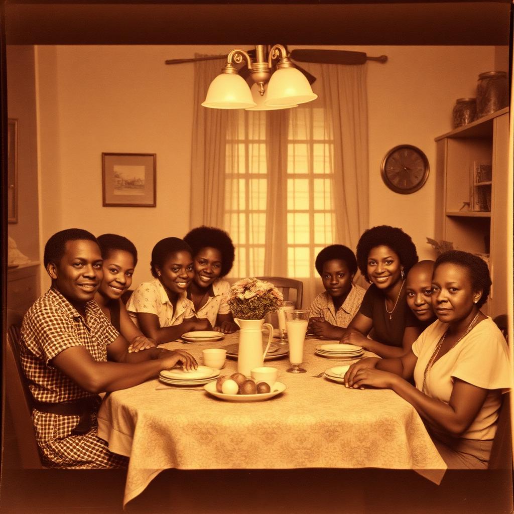 Family gathered around a kitchen table, archival photo