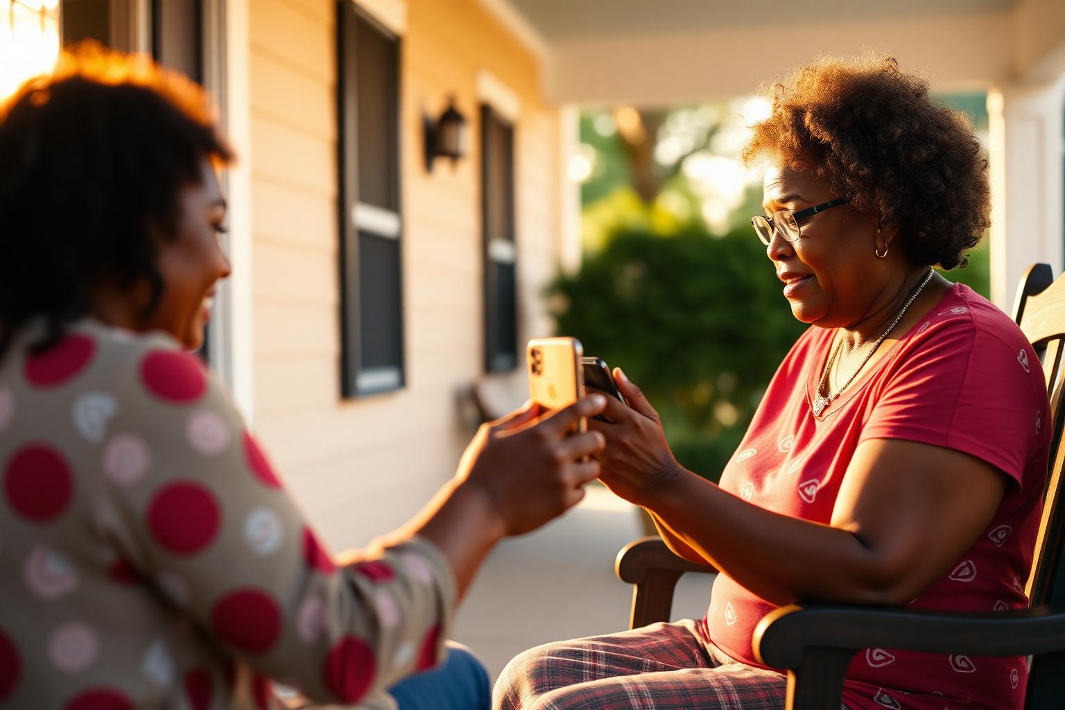 African American grandchild recording grandmother telling a story on a sunlit porch
