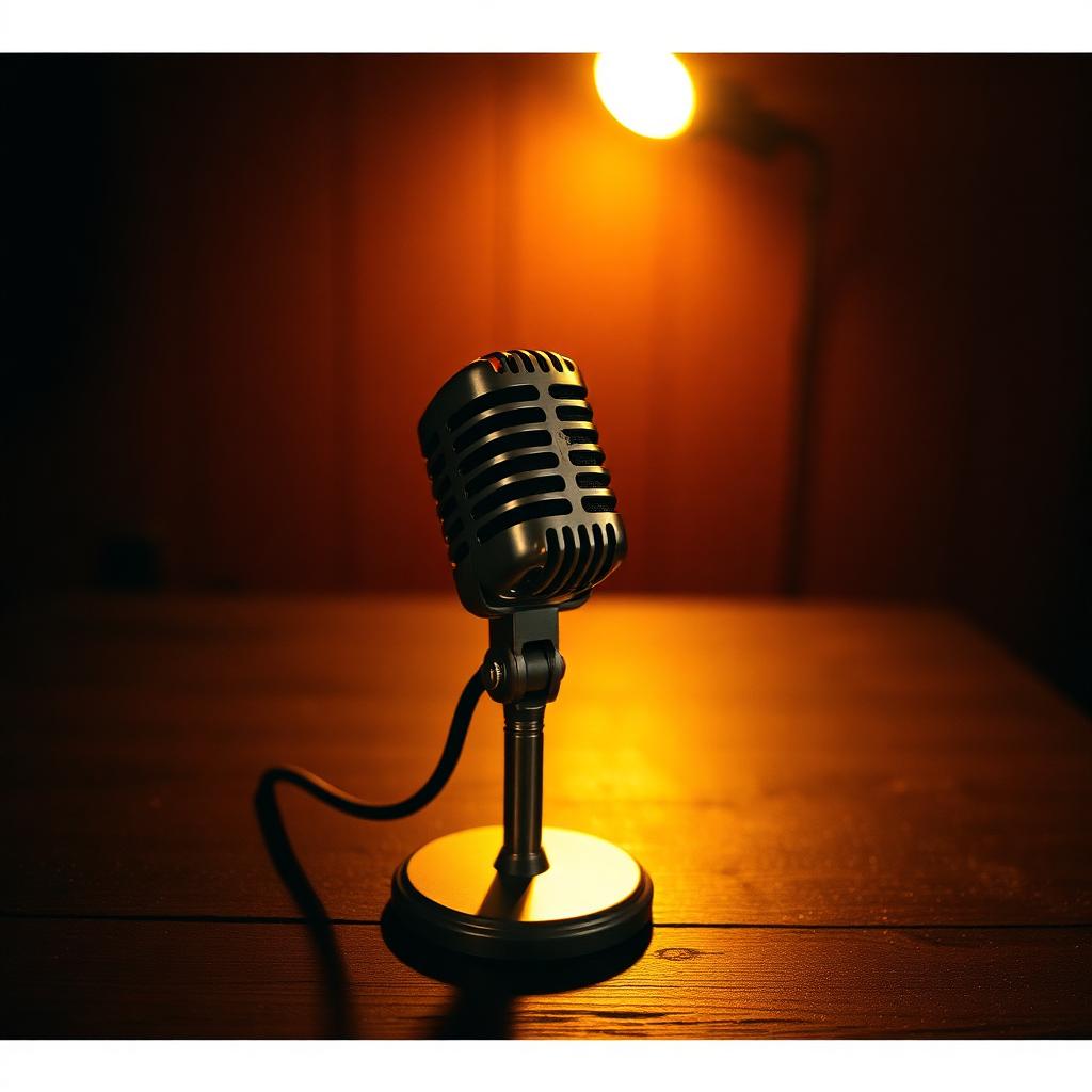 A vintage microphone under warm spotlight
